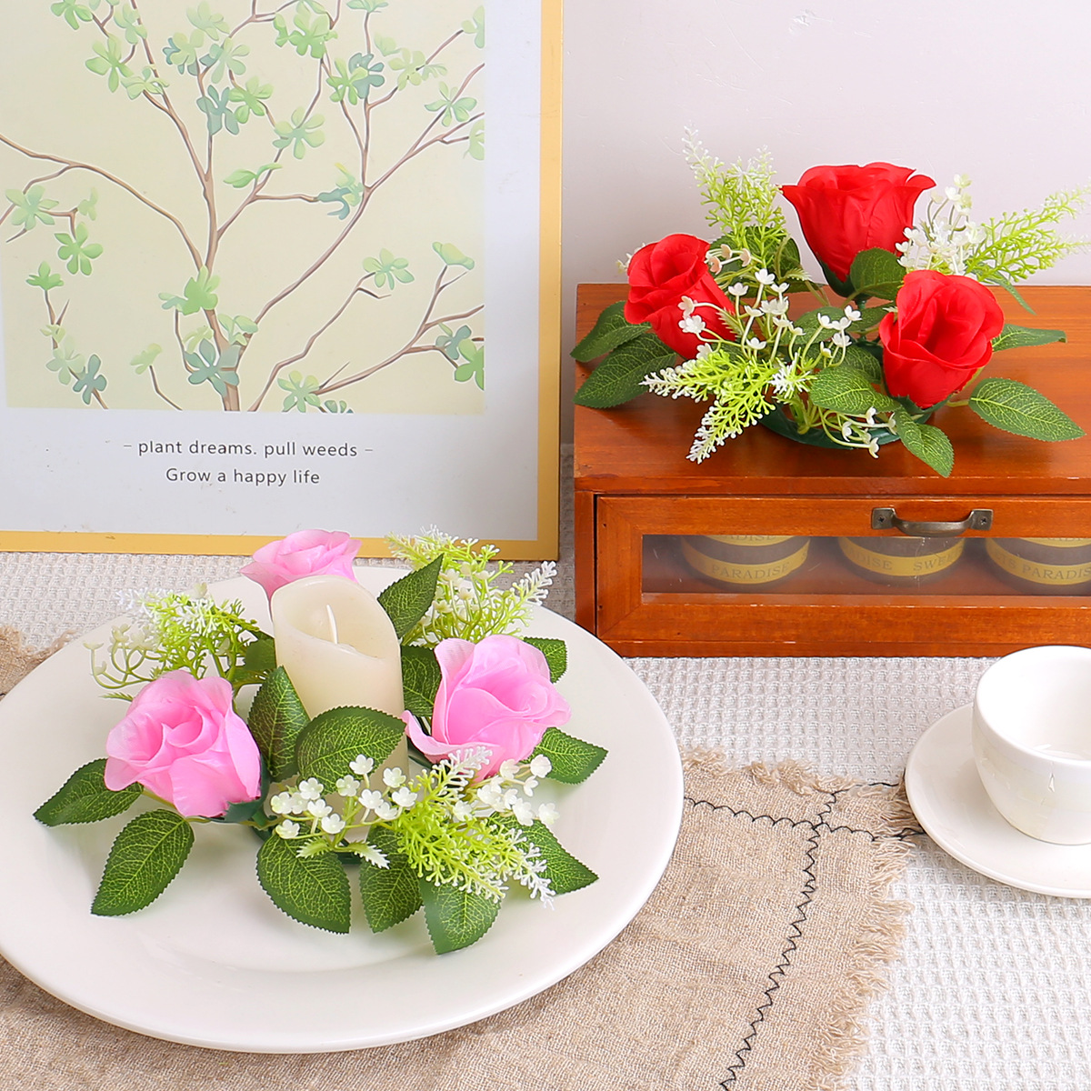 Boda transfronteriza simulación flor de rosa candelabro corona Día de San Valentín sala de estar vela copa decoración anillo de ratán decoración de escritorio