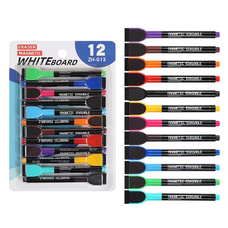 Bolígrafo de pizarra al por mayor con cepillo magnético de oficina con 12 colores de gran capacidad limpiable y ecológico no tóxico