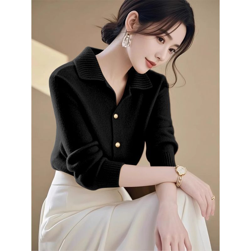 Elegant Polo Collar Long Sleeve Knit Sweater for Plus Size Women, French Style Slimming Outerwear Base Sweater