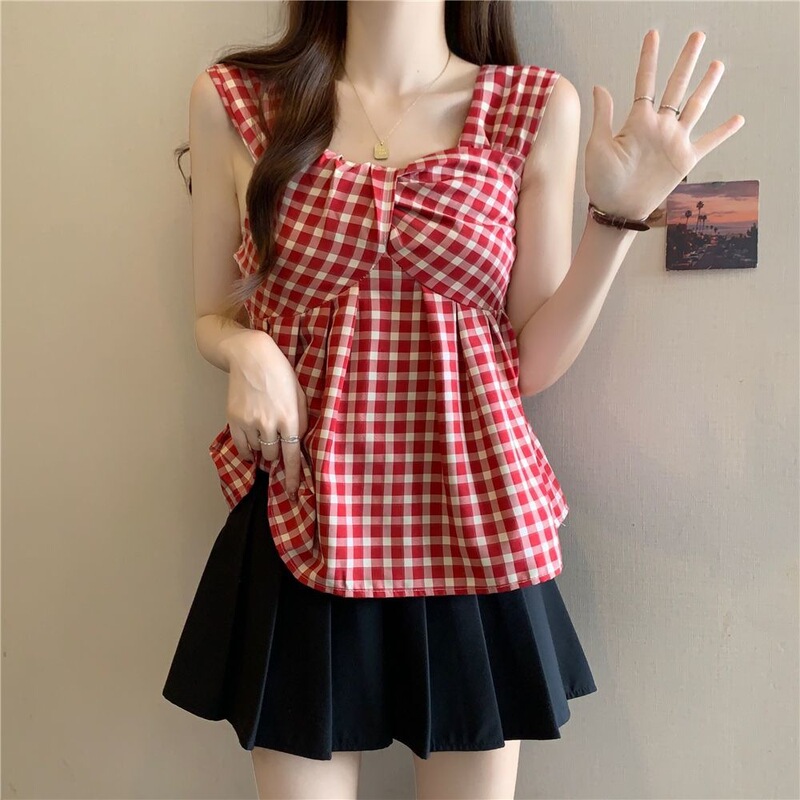 Vacation-Style Plaid Shirt for Women, New French-Style Tube Top, Dopamine Hot Girl Style, Fresh and Sweet Versatile Top