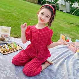 女童短袖格子套装儿童2025夏季时髦新款洋气宝宝两件套夏装女孩