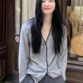 欧洲站针织开衫女春秋新款V领毛衣外套宽松撞色短款针织衫上衣潮