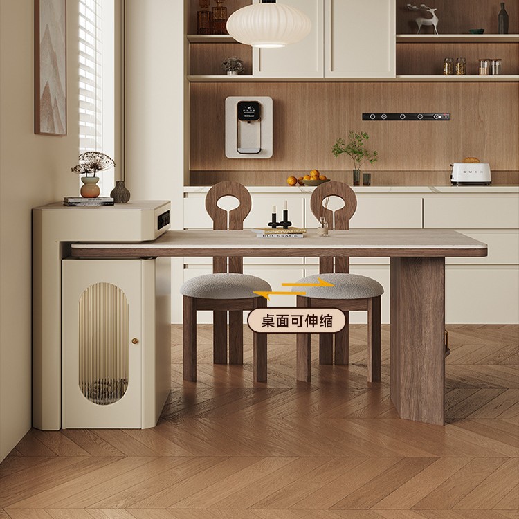 Tablero de roca de caverna de estilo retro, isla de apartamento pequeño, mesa de comedor, hogar integrado, cocina de alta gama de madera maciza retráctil