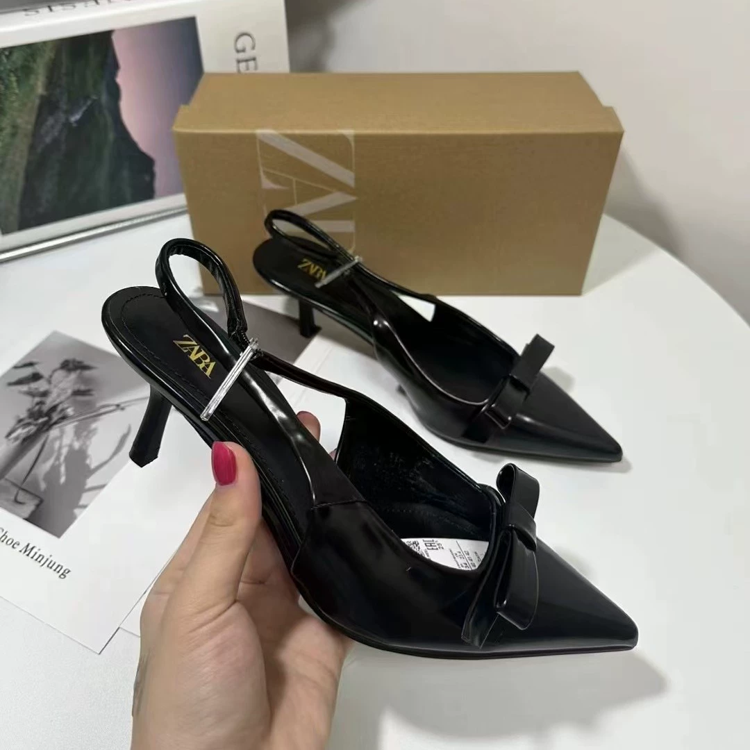 Туфли-лодочки на шпильке Zara с открытой пяткой и бантом, низкий ремешок, заострённый носок