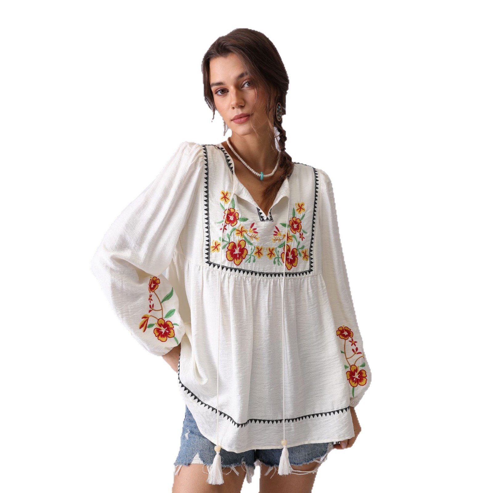 Europa y América primavera y otoño nueva industria pesada bordada V-collar francés camisa de manga larga mujer bohemia chaqueta suelta image 6