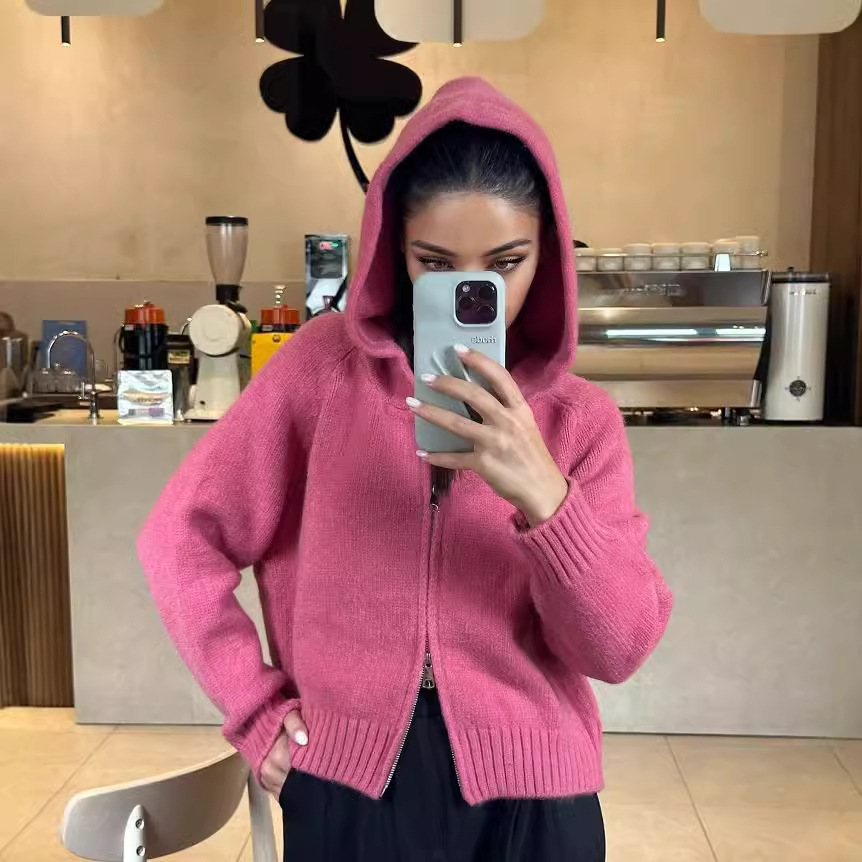 2024 otoño y invierno nueva Europa y América Amazon ropa de mujer transfronteriza con sombrero de color sólido corto de doble cremallera chaqueta cardigan de punto