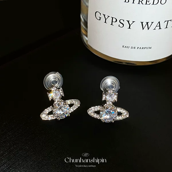 Empress Dowager Saturn Zircon Earrings Advanced Sense Mosquito Incense Plate Earrings Without Ear Holes Women's Cold Wind Earrings