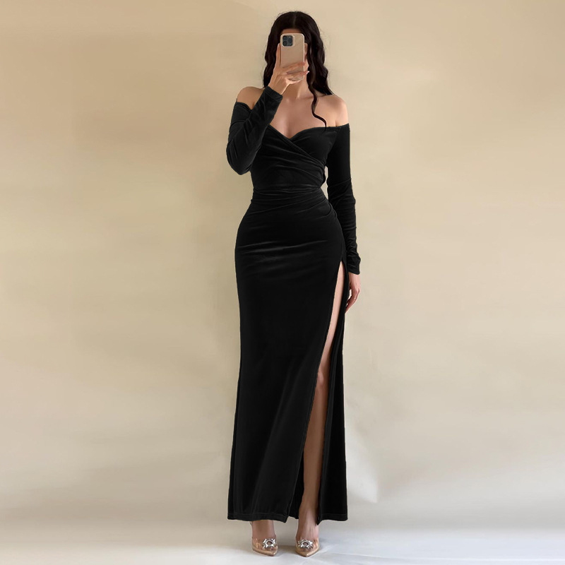 Off Shoulder Sexy High Slit Velvet Dress Women Elegant Dress