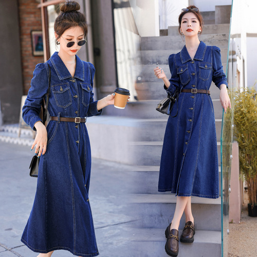 2025 Spring/Summer New Korean-Style Mid-Length Waist-Slimming Elegant A-Line Skirt, Slimming Shirt, Denim Dress for Women