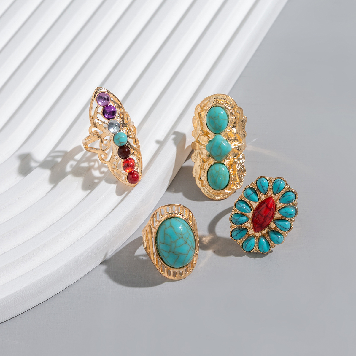 Retro Style 4 Pieces Geometric Open Rings Rings Alloy December Birthstone Turquoise Turquoise Women's Retro Open Rings Rings