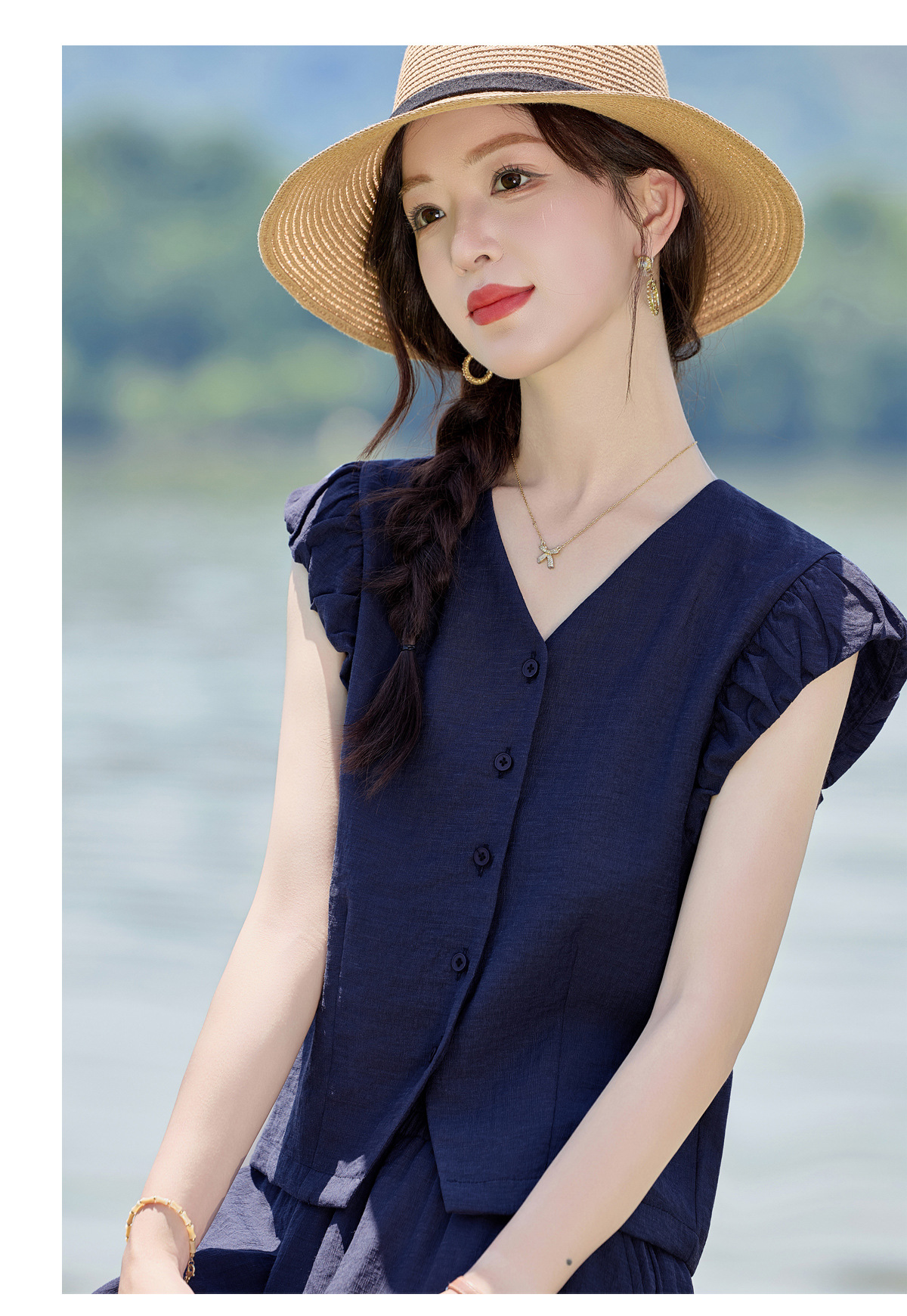 Bộ vest nữ hè 2025 áo sơ mi cổ V ôm quần ống thẳng hai mảnh LB2869 — màu xanh hải quân, Màu trắng nhạt chi tiết 27