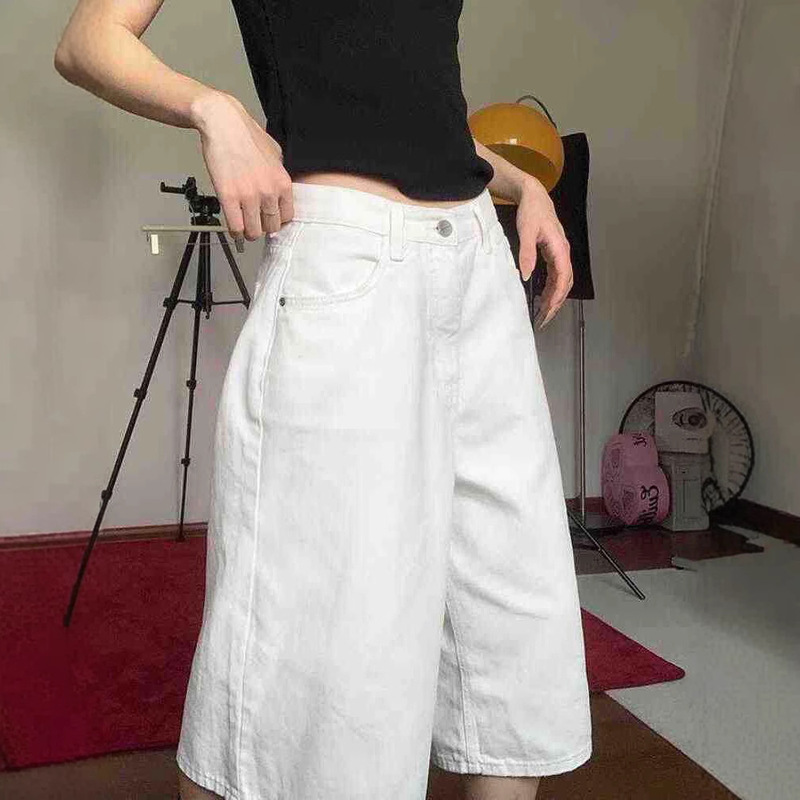 [5 colors optional] plus size white cropped Denim shorts women's summer chubby girl American loose slim straight pants