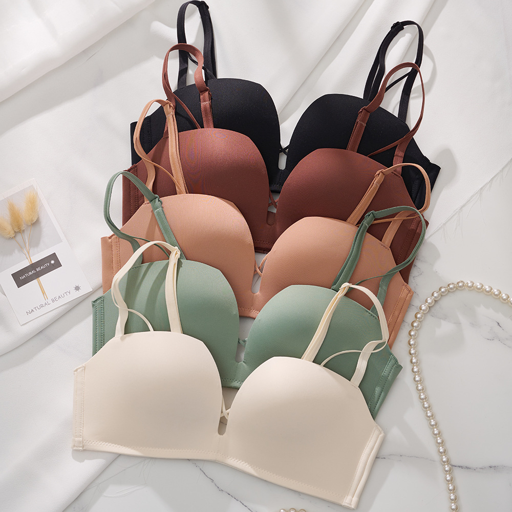2257 verano pequeño pecho push up Sujetador sin costuras Delgado cómodo hueco profundo V inalámbrico ropa interior pecho plano sin recoger pecho