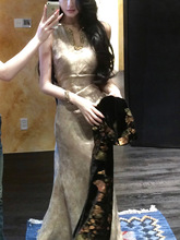 【金玉繁华】新中式u领无袖连衣裙气质女鎏金图腾亮片裙修身长裙