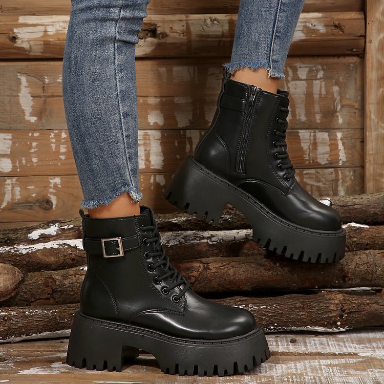Big yards thick bottom casual short boots female new increased height England biker short boots boots_voghion.com