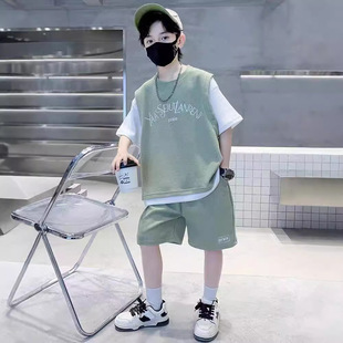 Boys Summer Suit 2024 New Kidsren's Clothing Cool and Handsome Thin Summer Boys Sports Medium and Large Kidsren Summer Trend