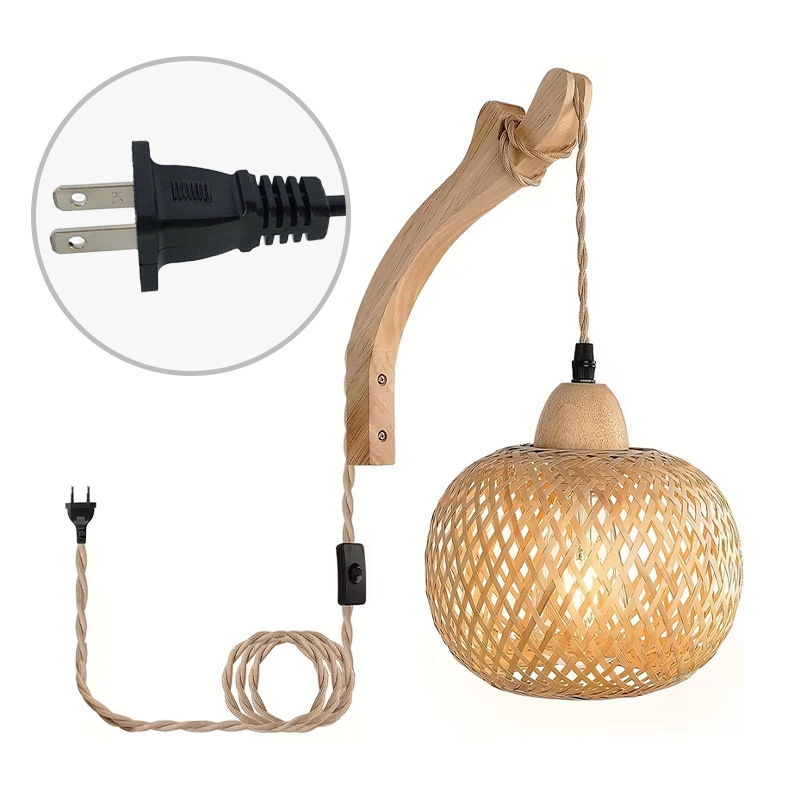 Transfronterizo enchufable bambú tejido madera lámpara de pared sala de té lámparas residenciales estilo japonés retro creativo dormitorio lámpara de cabezal de cama