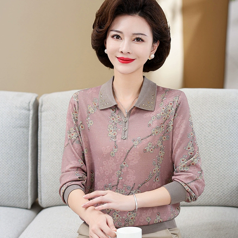 Mom Spring Wear, топ с иностранным темпераментом, нижняя рубашка для женщин среднего возраста, 40 лет, модный весенне-осенний костюм-футболка с длинными рукавами