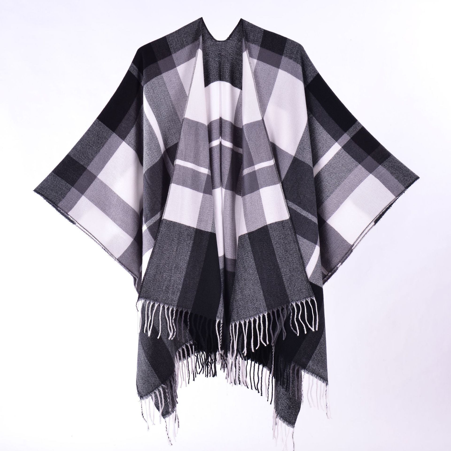 Foreign Trade Ready-made Scottish Plaid Fringed Shawl For Men And Women, Classic Fall/winter Split Large Cape,_voghion.com