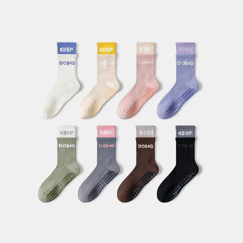地板袜女士双罗口中筒袜撞色瑜伽防滑运动长袜吸汗透气女袜显瘦
