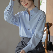 实拍抗皱法式蓝色衬衫女上衣2023秋季新款设计感小众长袖衬衣
