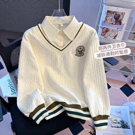 绞花肌理感polo领拼接假两件上衣女秋冬新款学院风卫衣