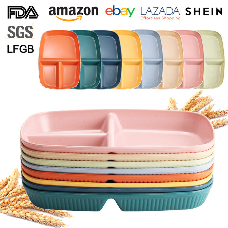 Wheat Straw Rectangular Divided Plate Three-Compartment Serving Plate Fruit Breakfast Plate Fat-Reducing Meal Plate Quantitative Plastic Plate