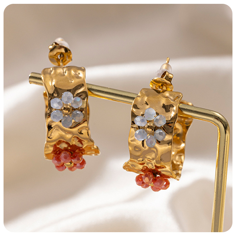 Tina Cross-border versátil textura de acero inoxidable color zircon perlas cuentas de flores pendientes de oro 18 quilates