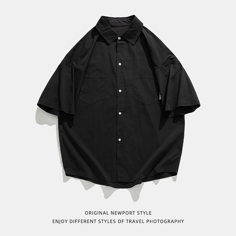 Camisa de manga corta con bolsillo de color sólido estilo retro coreano y japonés para hombre, camisa de trabajo de marca holgada y moderna para primavera y verano para hombre q