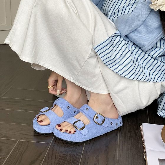 Bocken Slippers Women's Genuine Leather Cow Velvet Non-Slip Beach Shoes 2024 Summer Outer Wear Sandals Flat Bocken Sandals