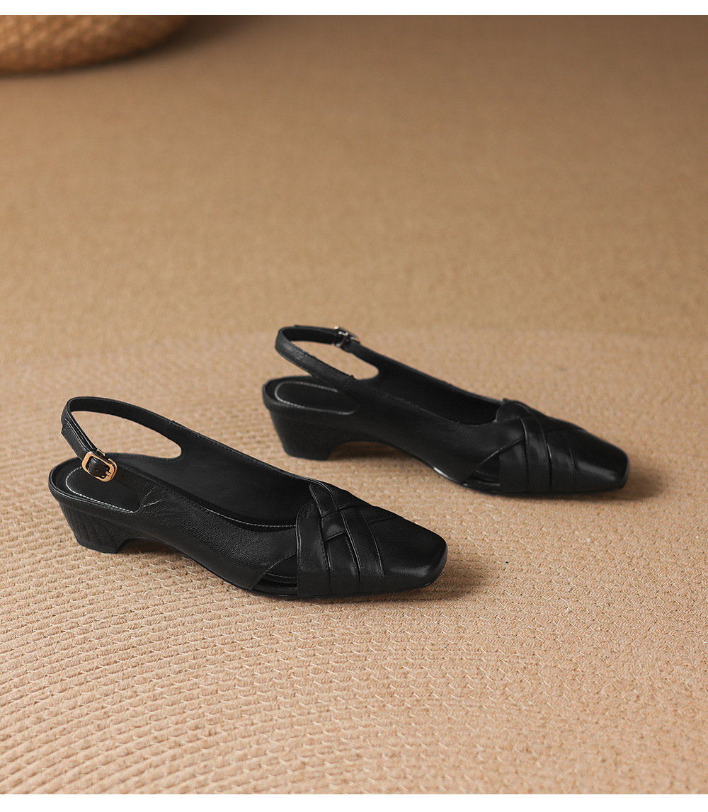 Sandal nữ da cừu mũi nhọn quai ngang gót vuông 6 cm — đen chi tiết 21