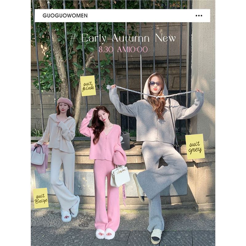 Autumn Outfit Set Early Autumn Melard Stylish Sweater Set Women Cardigan Wide-Leg Pants Hat Three-Piece Trendy