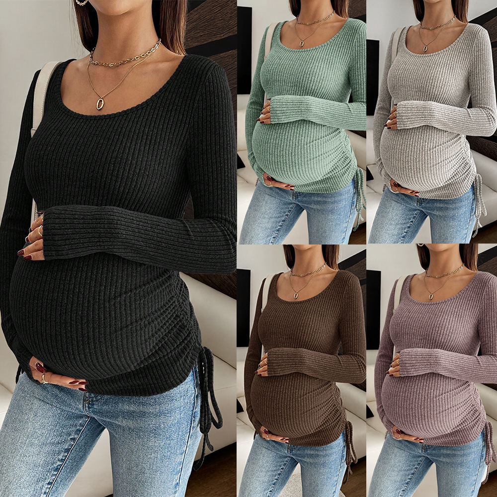 Cross-border U-neck ribbed maternity long-sleeve T-shirt with adjustable side drawstrings, stretchy and slim-fitting, suitable for wear during pregnancy