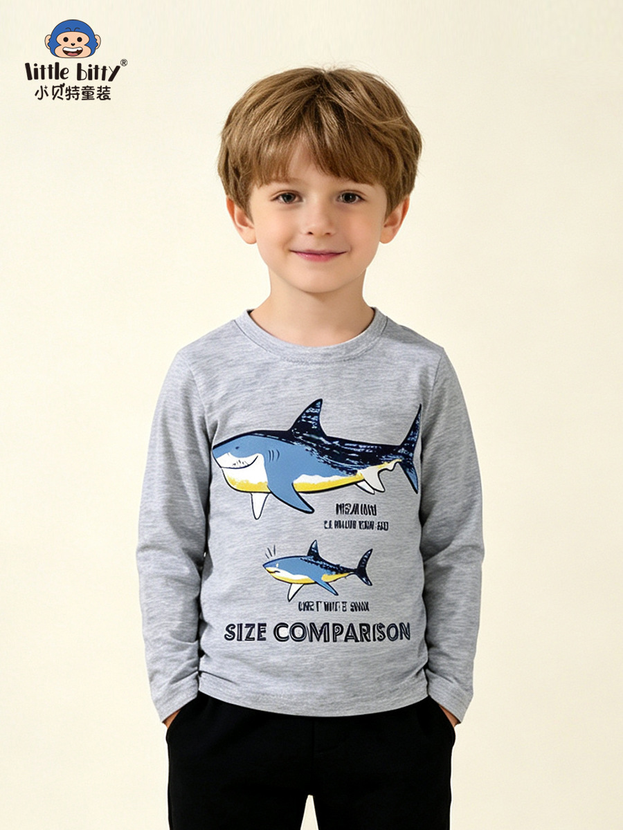 Cross-border supply autumn boys' long-sleeve T-shirt with cartoon shark print, round neck, 2026 children's base shirt top