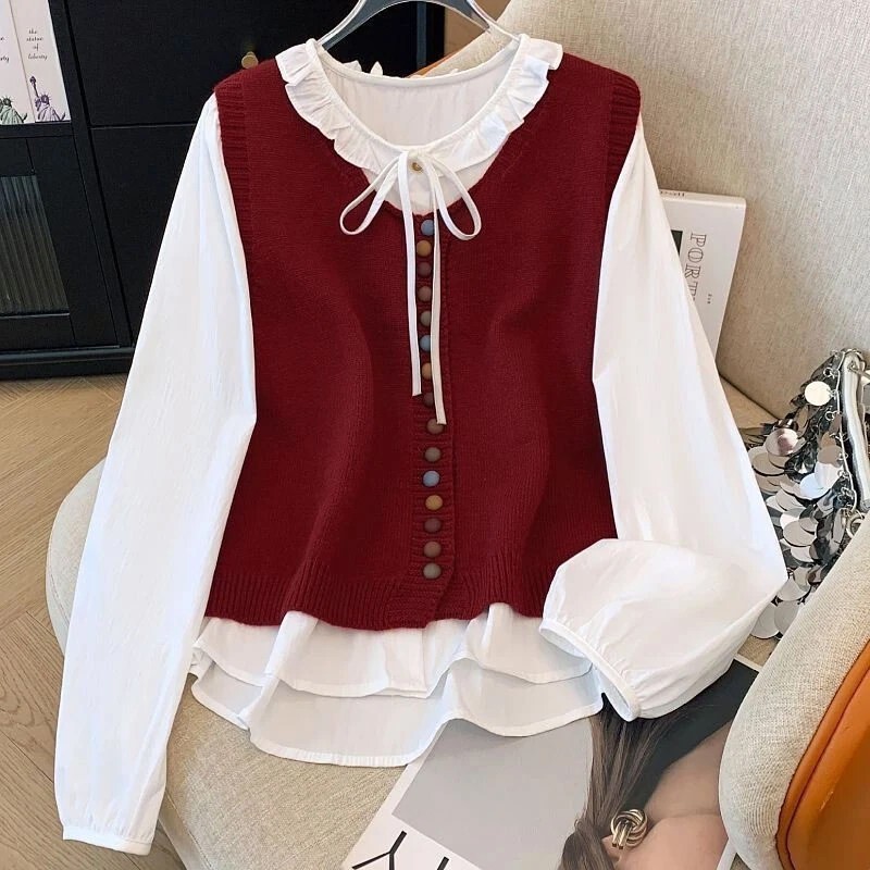 Korean-style youthful and elegant faux two-piece rainbow button knitted vest with shirt combination for women, sweet long-sleeved top for early autumn