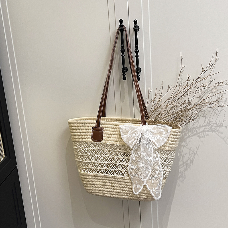 Bolso cesta de almacenamiento, bolso de mano de ratán, bolso de hombro tejido, ratán natural y hierba marina hechos a mano, ribete de cuero, ecológico, ligero, duradero para uso diario_voghion.com