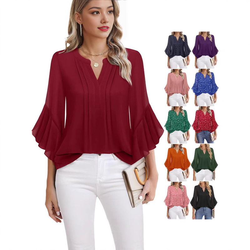 2025 Amazon European and American Lotus Leaf Three-Quarter Sleeve Top Pure Color Fashionable Casual Loose V Neck Business Shirt Chiffon