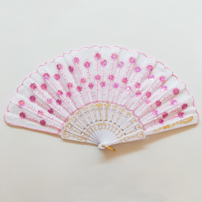 Mayorista barra negra de color sequinilla estampado ventilador plegable accesorios de baile ventilador de baile Wing Chun puede agregar impresión de tela de silk