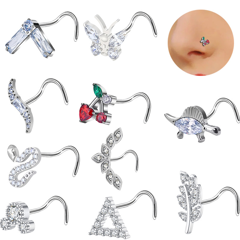 Piercing nez cerise en acier inoxydable avec zircon brillant_voghion.com