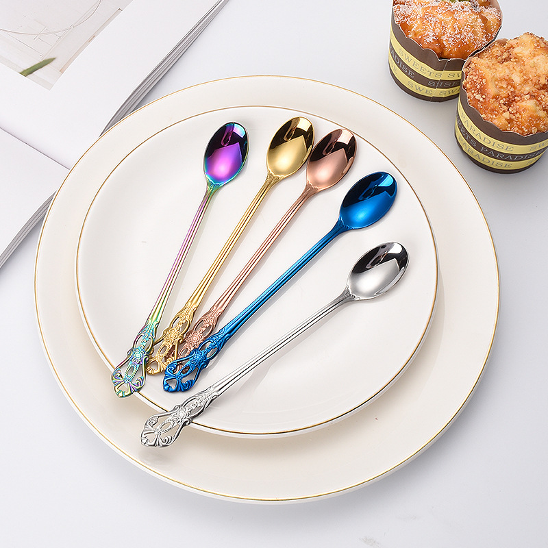 Cross-border 410 stainless steel creative long handle spoon coffee spoon mixing spoon hollow vintage embossed imperial court ice spoon