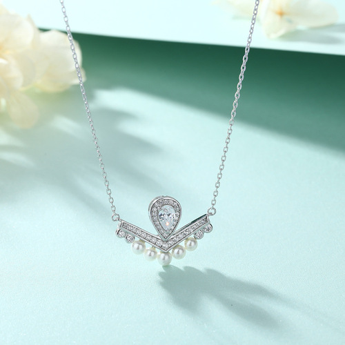 Pure Silver Jewelry Set for Women High-end European and American 925 Silver Crown Ring Tassel Pearl Earrings Light Luxury V-Shape Necklace 