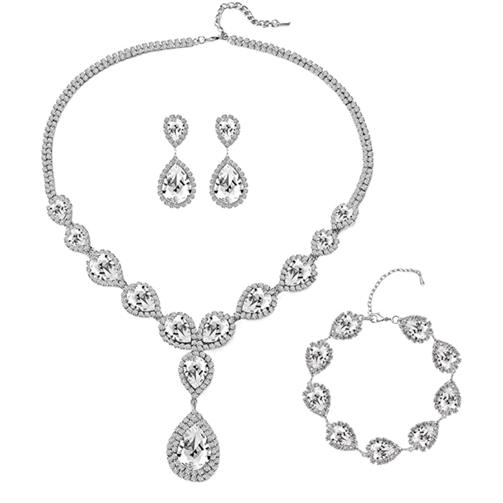 Conjunto de joyas transfronterizo exclusivo nupcial collar pendientes pulsera conjunto de tres piezas múltiples rhinestone joyería traje