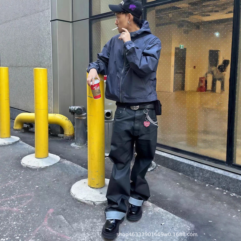 Original Ro Dark Style Solid Color Coated Waxed Loose Straight Cargo Jeans Gali Same Style Trendy Men's Pants Original Ro Dark Style Solid Color Coated Waxed Loose Straight Cargo Jeans Gali Same Style Trendy Men's Pants