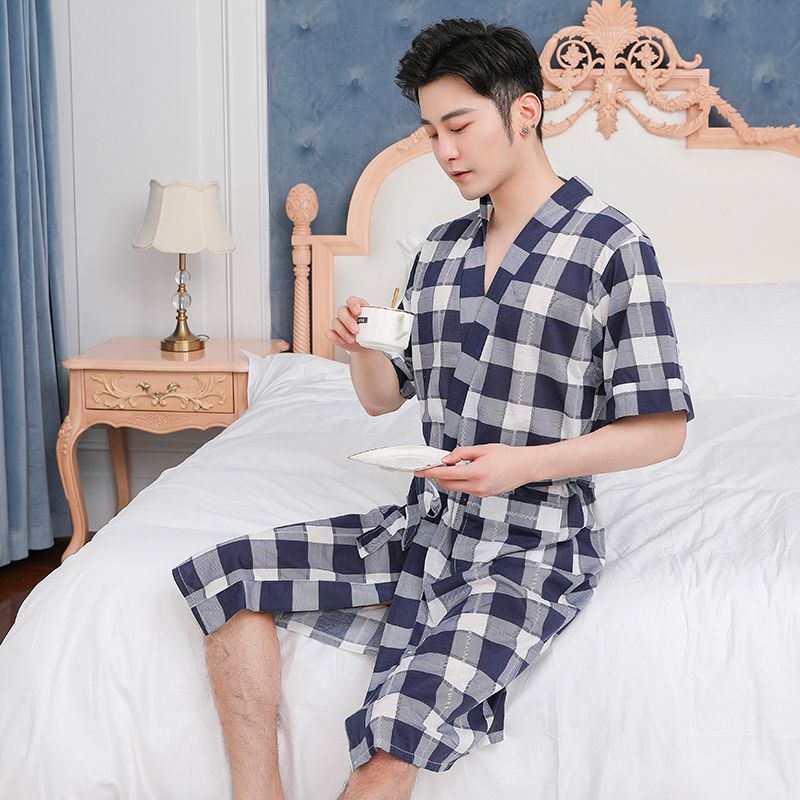 Camisón de manga corta pijamas de los hombres primavera y otoño albornoz algodón primavera y otoño mediados de longitud de algodón ropa de casa de verano