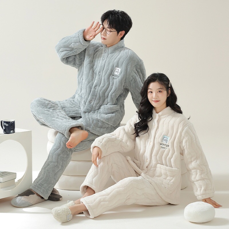 Flannel Pajamas Women's Winter Three-Layer Lined Velvet Simple Couple's suit Lapel Warm Men's Velvet Home Clothes