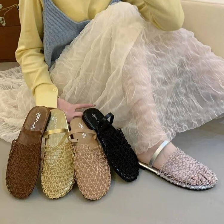 European and American Niche Fishnet Woven Hollow Roman Sandals Women's Summer New Fisherman Flat Round Head Baotou Half Slippers