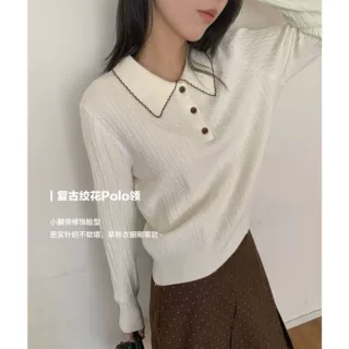MOMI翻领纪事花边领纽扣麻花衫蕾丝翻领针织衫女肌理感内搭毛衣
