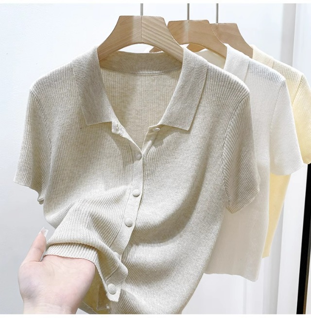Áo thun polo nữ tay ngắn cổ bẻ chất liệu len lụa mát mẻ — màu trắng chi tiết 2