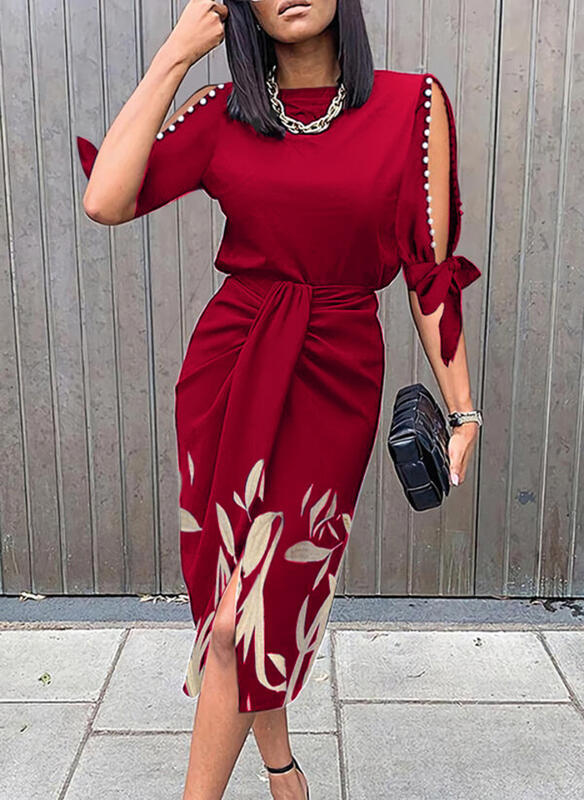 Women's Clothing High Waisted Blue Casual Dress New Mid Length Printed Sleeve Hollow Out Women's Clothing_ecoleips.com