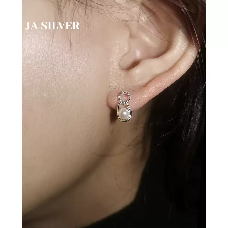 S999足银淡水珍珠耳钉女锁链纯银简约高级感耳环银耳坠耳饰批发